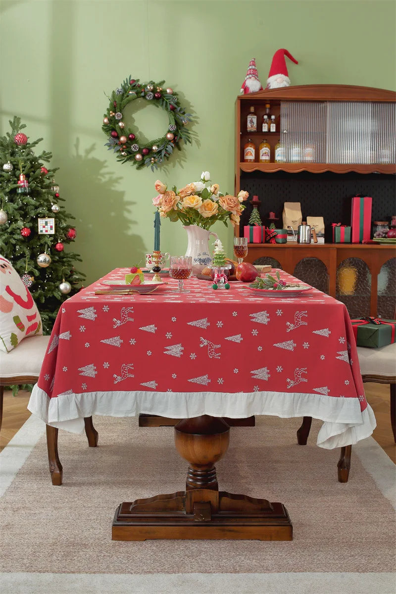 Nappe de Noël Rectangulaire Brodée à Volants – Coton Style Rétro Fermette pour Table à Manger