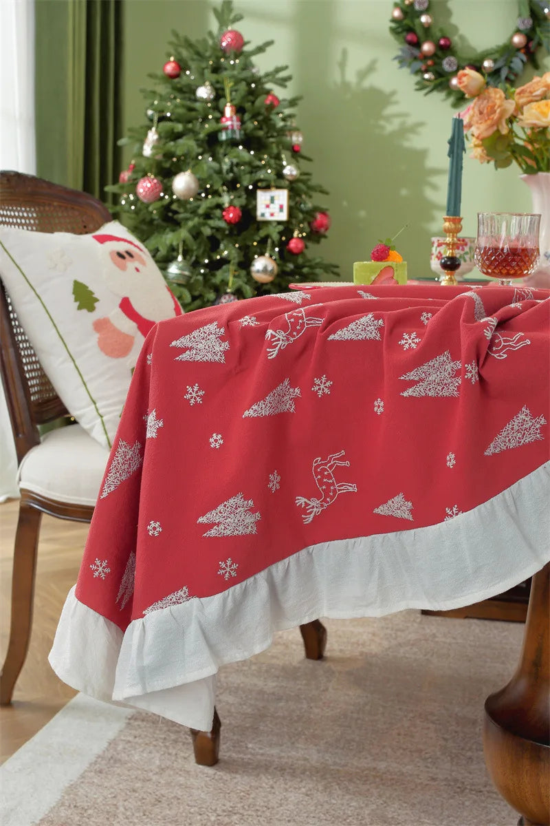Nappe de Noël Rectangulaire Brodée à Volants – Coton Style Rétro Fermette pour Table à Manger