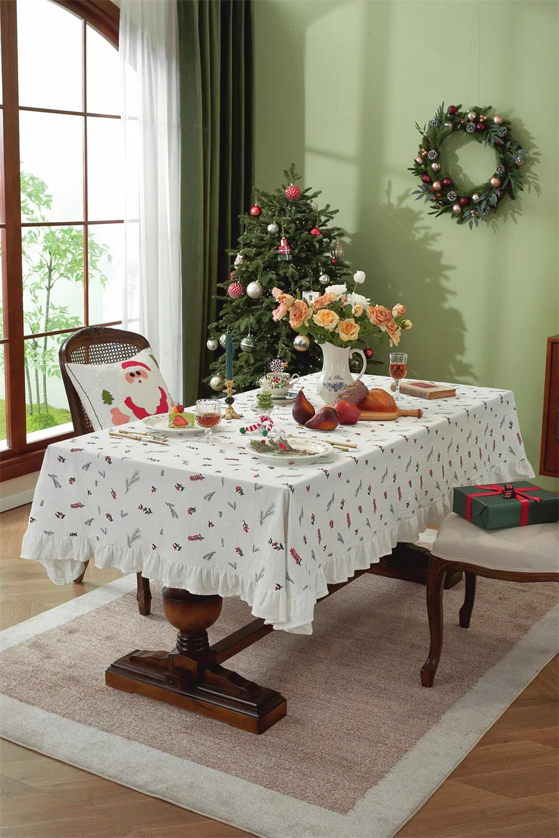 Nappe de Noël Rectangulaire Brodée à Volants – Coton Style Rétro Fermette pour Table à Manger