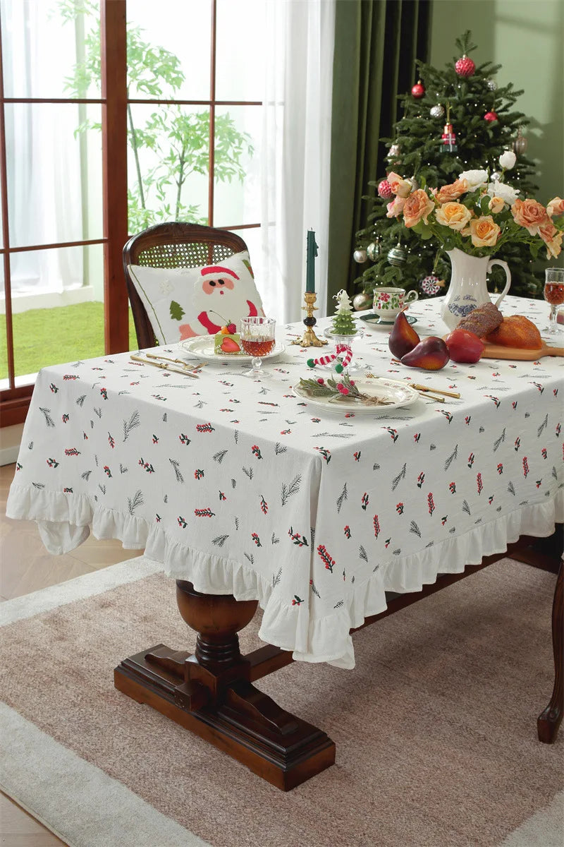 Nappe de Noël Rectangulaire Brodée à Volants – Coton Style Rétro Fermette pour Table à Manger