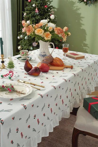 Nappe de Noël Rectangulaire Brodée à Volants – Coton Style Rétro Fermette pour Table à Manger