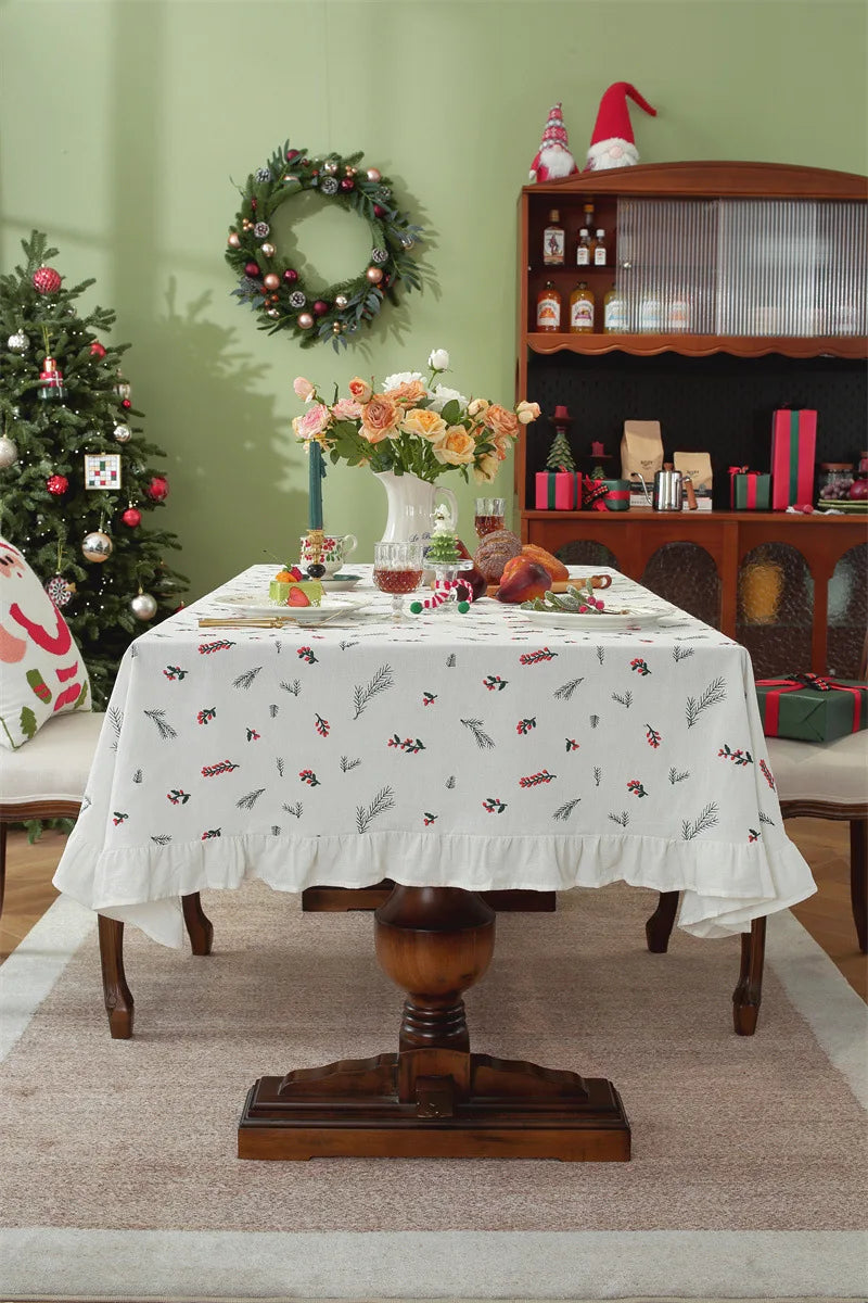 Nappe de Noël Rectangulaire Brodée à Volants – Coton Style Rétro Fermette pour Table à Manger