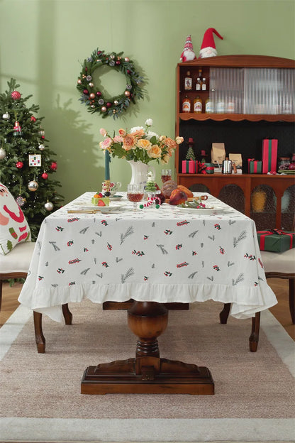 Nappe de Noël Rectangulaire Brodée à Volants – Coton Style Rétro Fermette pour Table à Manger