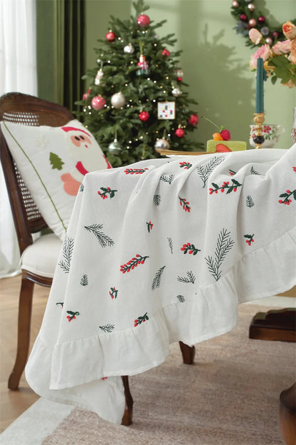 Nappe de Noël Rectangulaire Brodée à Volants – Coton Style Rétro Fermette pour Table à Manger
