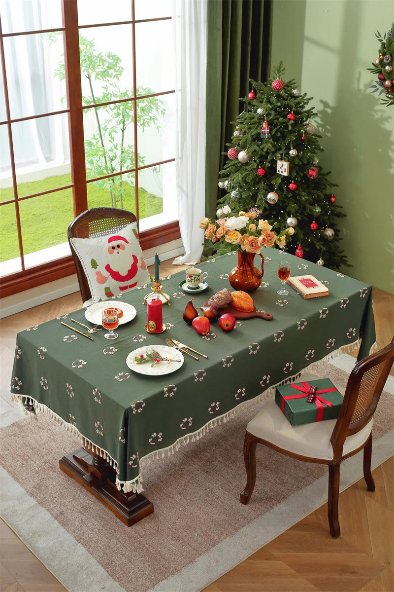 Nappe de Noël Rectangulaire Brodée à Volants – Coton Style Rétro Fermette pour Table à Manger