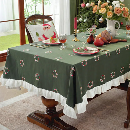 Nappe de Noël Rectangulaire Brodée à Volants – Coton Style Rétro Fermette pour Table à Manger