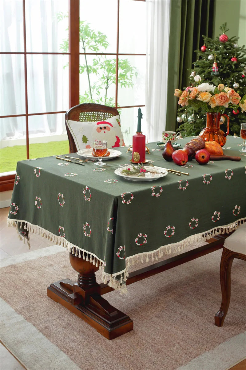 Nappe de Noël Rectangulaire Brodée à Volants – Coton Style Rétro Fermette pour Table à Manger