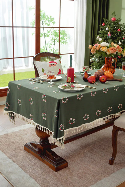 Nappe de Noël Rectangulaire Brodée à Volants – Coton Style Rétro Fermette pour Table à Manger