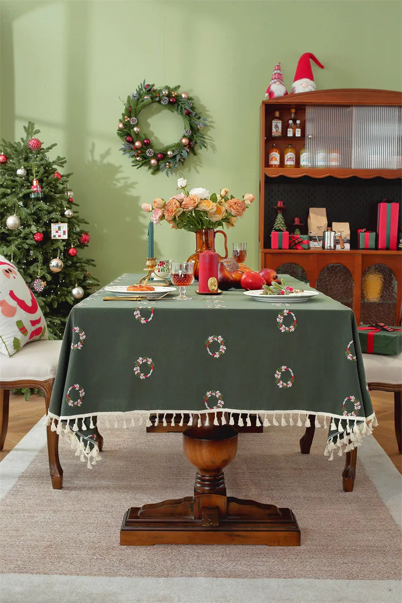 Nappe de Noël Rectangulaire Brodée à Volants – Coton Style Rétro Fermette pour Table à Manger
