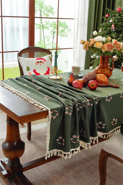 Nappe de Noël Rectangulaire Brodée à Volants – Coton Style Rétro Fermette pour Table à Manger