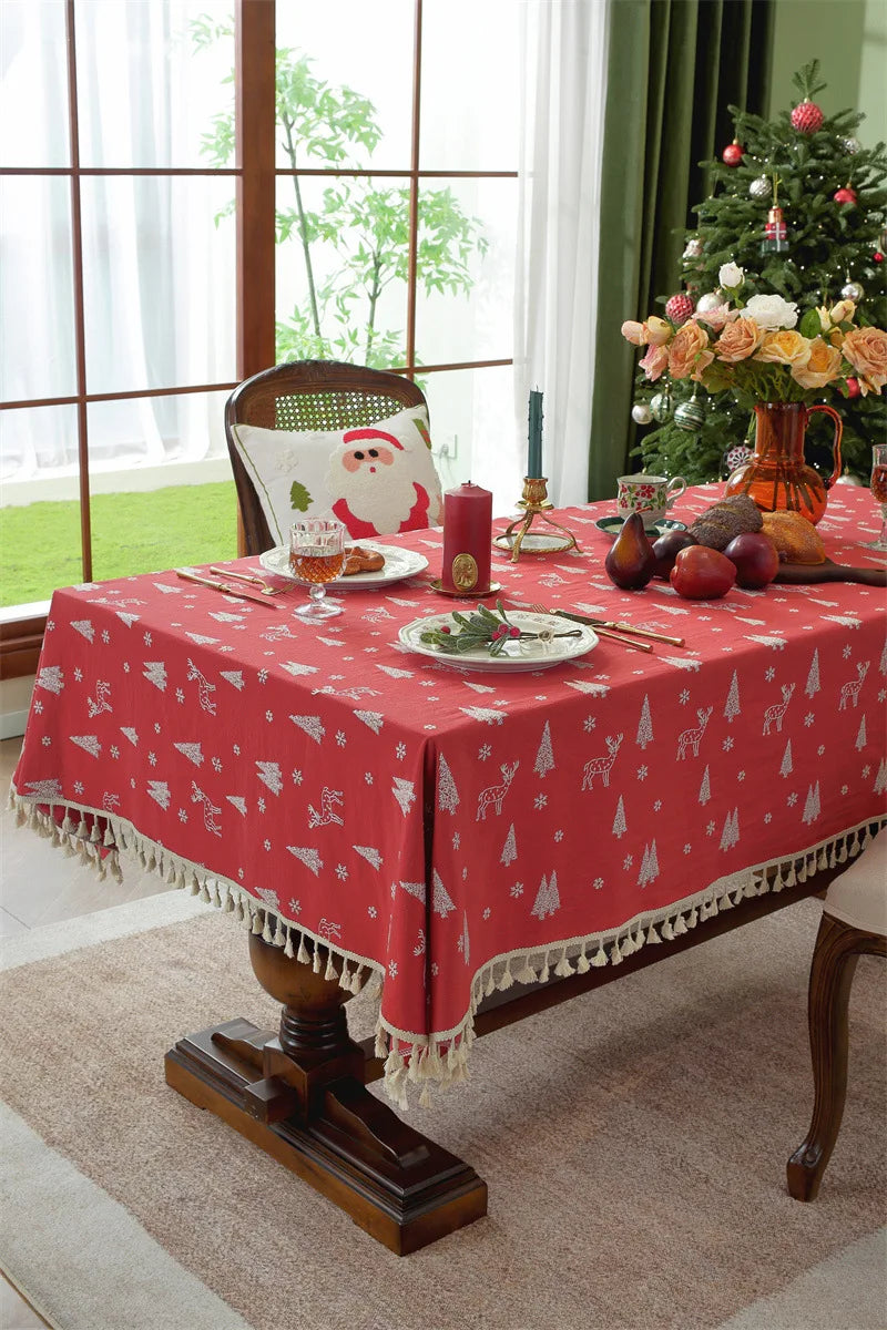 Nappe de Noël Rectangulaire Brodée à Volants – Coton Style Rétro Fermette pour Table à Manger