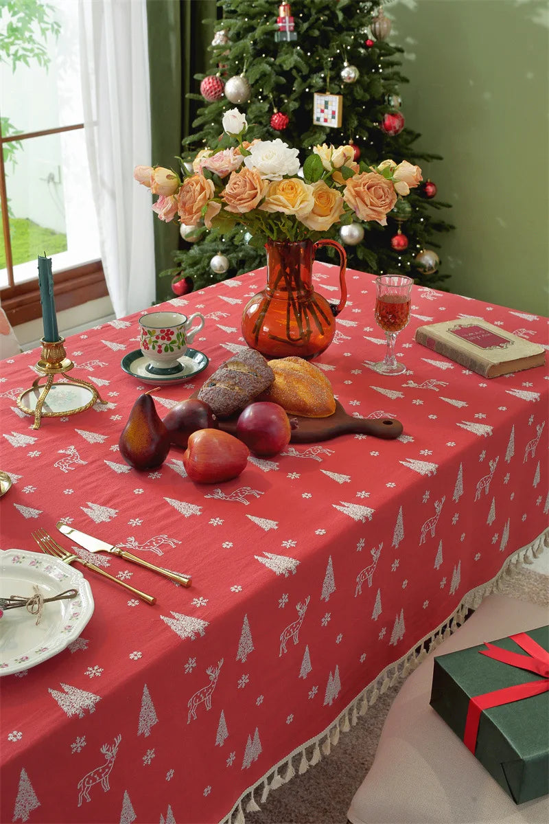 Nappe de Noël Rectangulaire Brodée à Volants – Coton Style Rétro Fermette pour Table à Manger