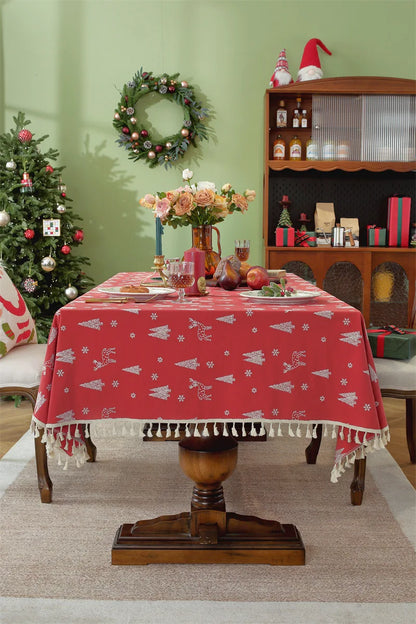 Nappe de Noël Rectangulaire Brodée à Volants – Coton Style Rétro Fermette pour Table à Manger