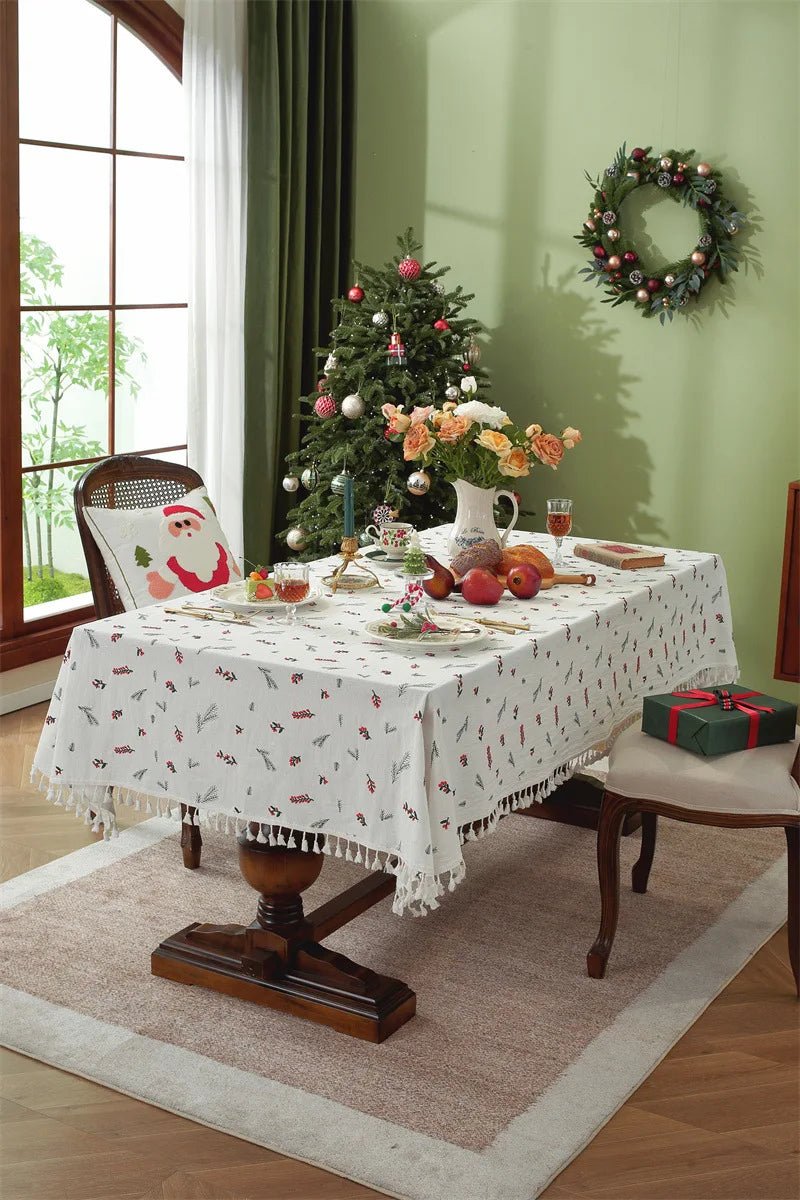 Nappe de Noël Rectangulaire Brodée à Volants – Coton Style Rétro Fermette pour Table à Manger