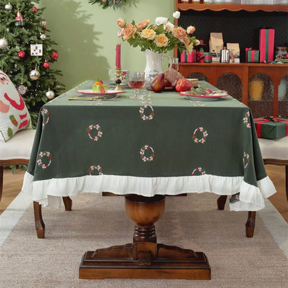 Nappe de Noël Rectangulaire Brodée à Volants – Coton Style Rétro Fermette pour Table à Manger