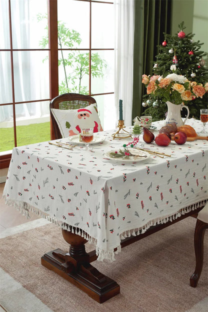 Nappe de Noël Rectangulaire Brodée à Volants – Coton Style Rétro Fermette pour Table à Manger