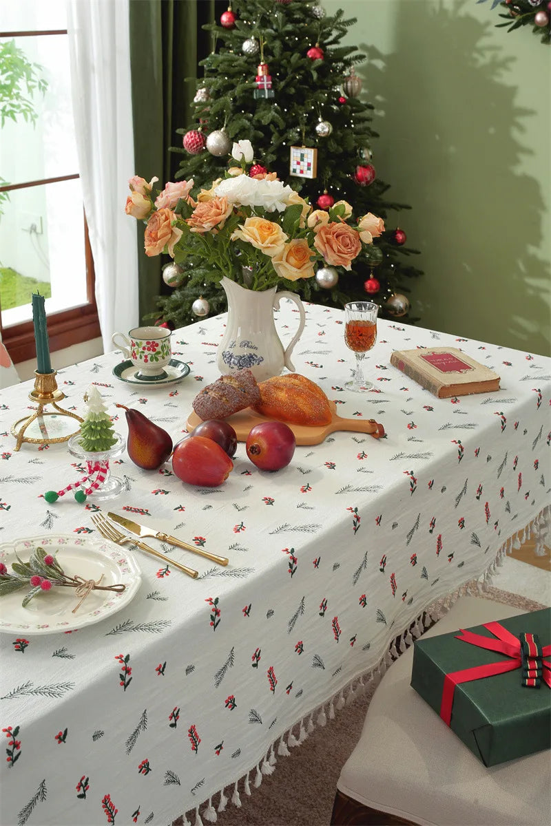 Nappe de Noël Rectangulaire Brodée à Volants – Coton Style Rétro Fermette pour Table à Manger