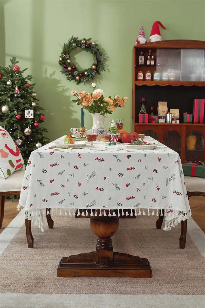 Nappe de Noël Rectangulaire Brodée à Volants – Coton Style Rétro Fermette pour Table à Manger