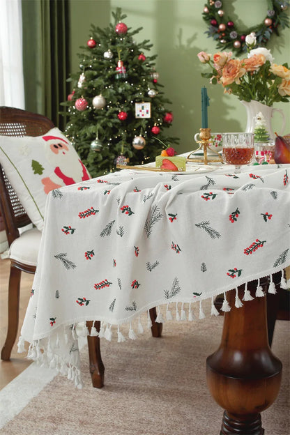 Nappe de Noël Rectangulaire Brodée à Volants – Coton Style Rétro Fermette pour Table à Manger