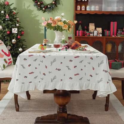 Nappe de Noël Rectangulaire Brodée à Volants – Coton Style Rétro Fermette pour Table à Manger