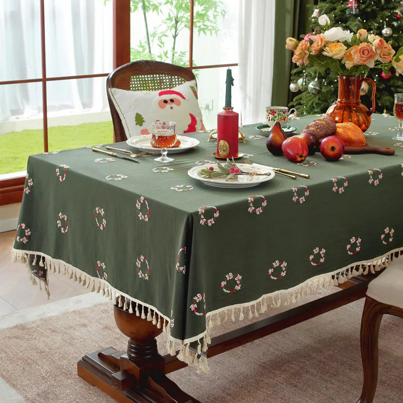 Nappe de Noël Rectangulaire Brodée à Volants – Coton Style Rétro Fermette pour Table à Manger