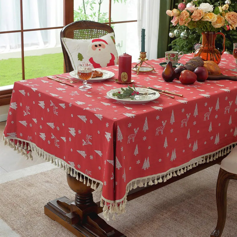 Nappe de Noël Rectangulaire Brodée à Volants – Coton Style Rétro Fermette pour Table à Manger