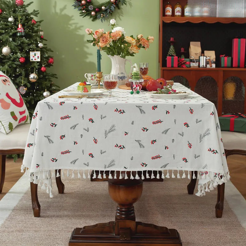 Nappe de Noël Rectangulaire Brodée à Volants – Coton Style Rétro Fermette pour Table à Manger
