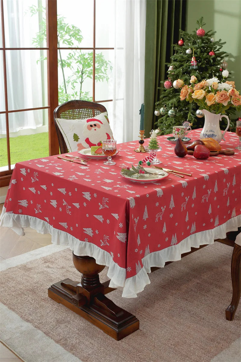 Nappe de Noël Rectangulaire Brodée à Volants – Coton Style Rétro Fermette pour Table à Manger