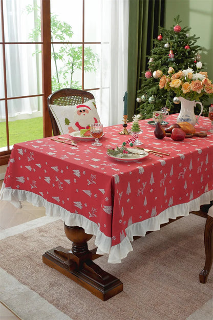 Nappe de Noël Rectangulaire Brodée à Volants – Coton Style Rétro Fermette pour Table à Manger
