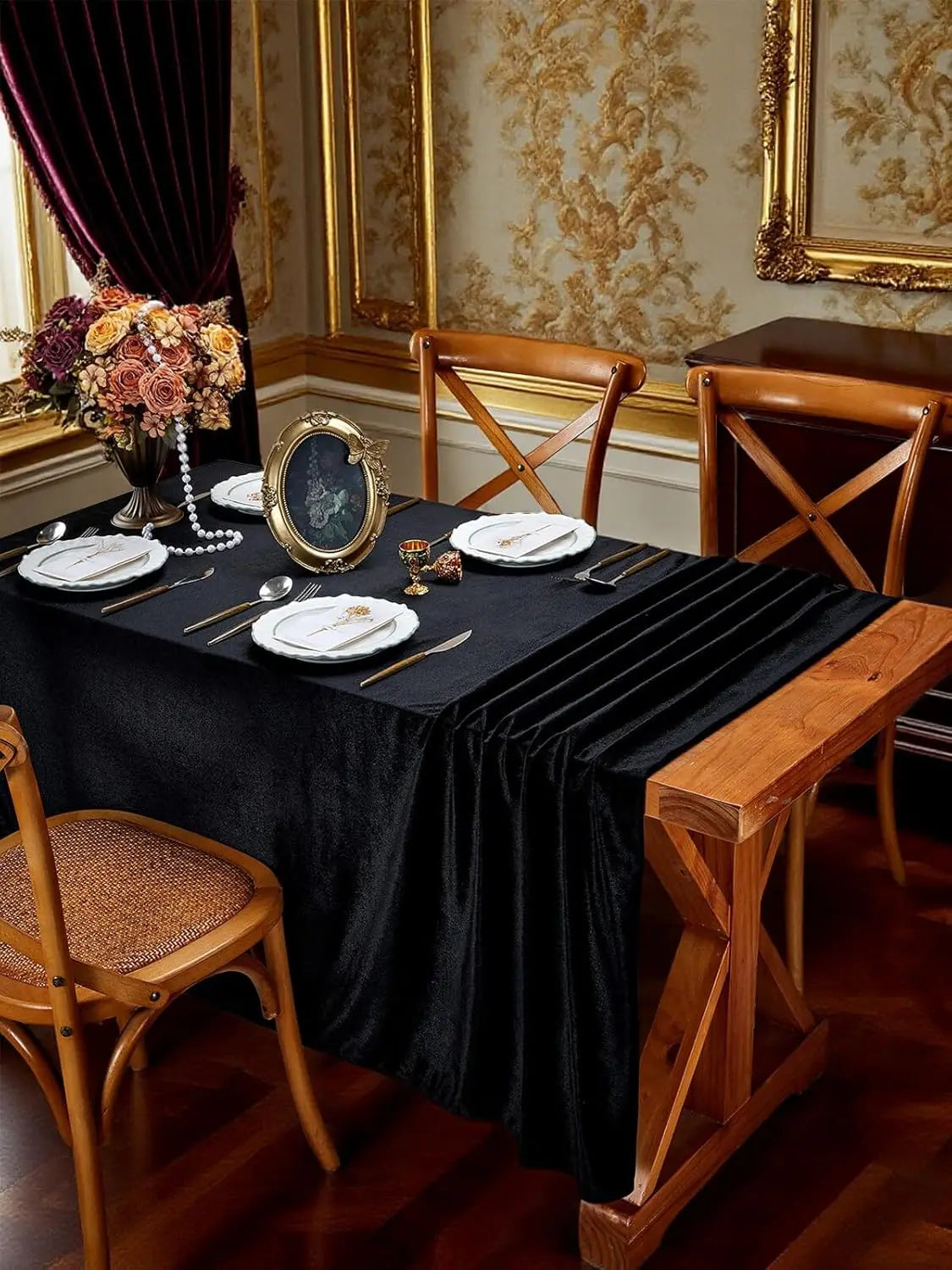 Nappe en Velours Noir pour Halloween – Nappe Rectangulaire Luxueuse pour Table à Manger et Mariage