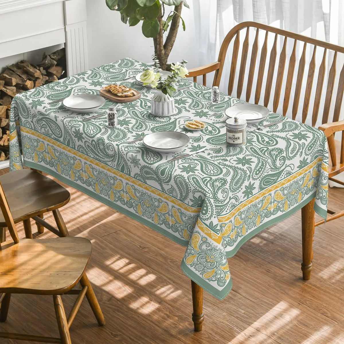 Nappe rectangulaire à motif floral bohème vert cachemire