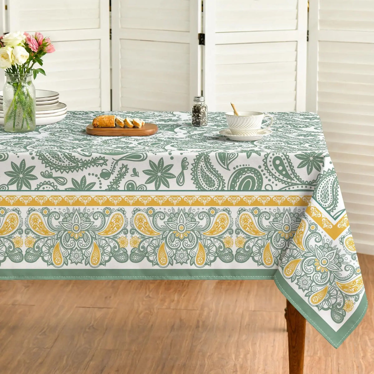 Nappe rectangulaire à motif floral bohème vert cachemire