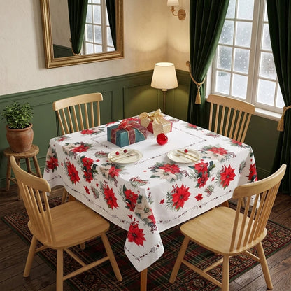 Nappe Carrée de Noël Blanche Poinsettia – Imperméable et Réutilisable pour les Fêtes