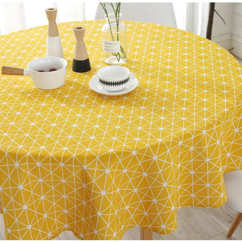 Nappe Ronde Nordique Anti Taches – Coton et Lin, Motif Carreaux Jaune Style Scandinave
