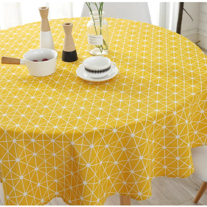 Nappe Ronde Nordique Anti Taches – Coton et Lin, Motif Carreaux Jaune Style Scandinave