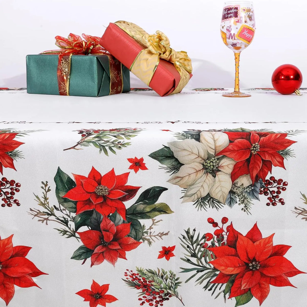 Nappe Rectangulaire de Noël Blanche Poinsettia – Imperméable et Réutilisable pour les Fêtes