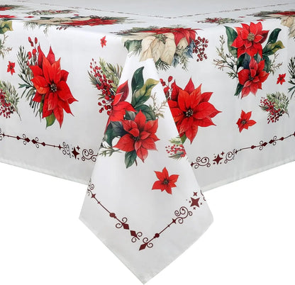 Nappe Carrée de Noël Blanche Poinsettia – Imperméable et Réutilisable pour les Fêtes