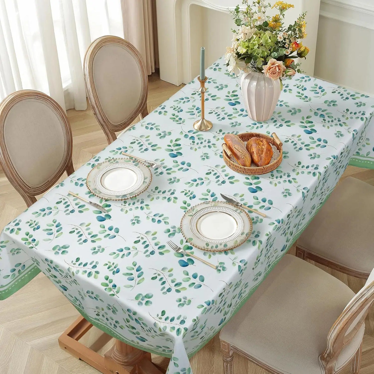 Nappe Rectangulaire Vert Eau à Motif Champêtre – Imperméable et Réutilisable pour les Fêtes
