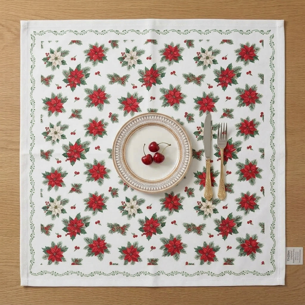 Nappe Carrée de Noël Blanche Poinsettia – Imperméable et Réutilisable pour les Fêtes