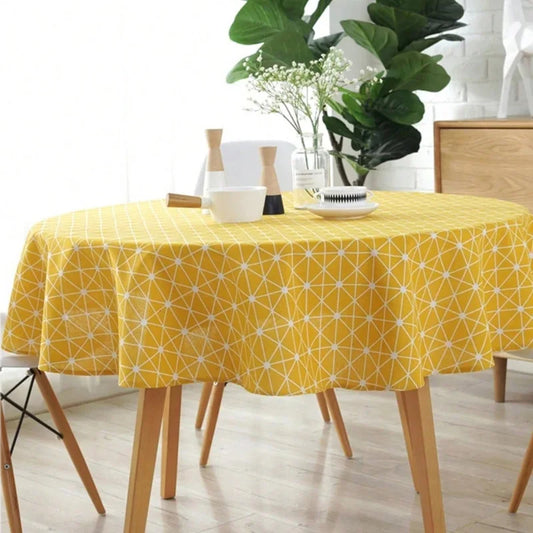 Nappe Ronde Nordique Anti Taches – Coton et Lin, Motif Carreaux Jaune Style Scandinave