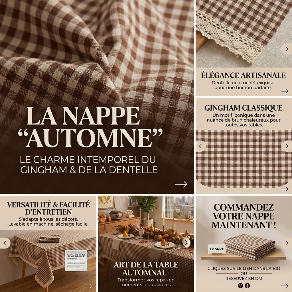 Nappe Rectangulaire à Carreaux Marron et Pompons Crème – Style Champêtre